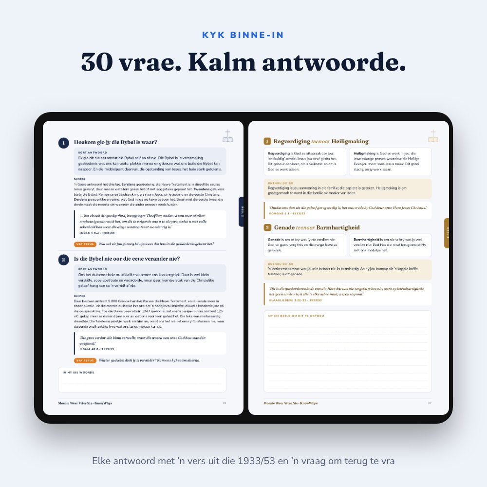 Twee bladsye uit Die 30 Vrae op ’n tablet